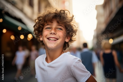 Portrait of a smiling boy with curly hair in the city.