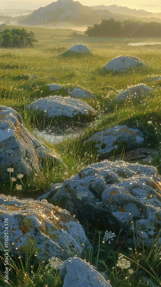Sunrise over grassy field with scattered rocks and dew. Sunrise over grassy field with scattered rocks and dew.