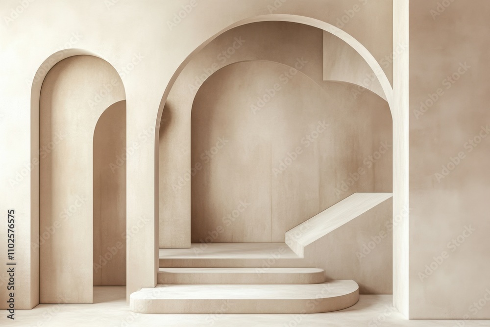Monochromatic Beige Composition with Geometric Forms and Arch, Modern Minimalist Design Aesthetic with Natural Light and Shadow Play, Ideal for Contemporary Interior Decor. Monochromatic Beige Composition with Geometric Forms and Arch, Modern Minimalist Design Aesthetic with Natural Light and Shadow Play, Ideal for Contemporary Interior Decor.