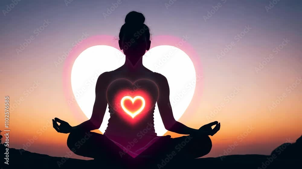 A woman is sitting lotus pose cross legged with her hands on her knees and a heart is glowing in her chest