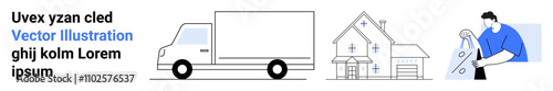 Moving truck, house, and worker carrying a box. Ideal for relocation logistics, moving services, real estate, home improvement, delivery service packing tips transportation. Landing page