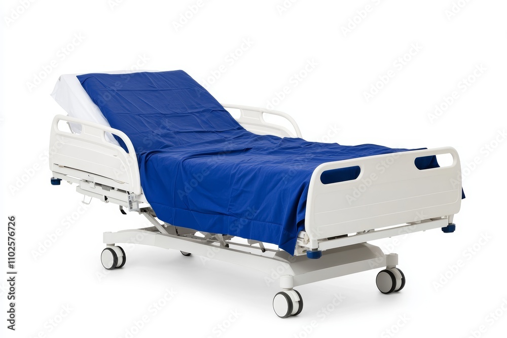 A hospital bed with a blue sheet on it A hospital bed with a blue sheet on it