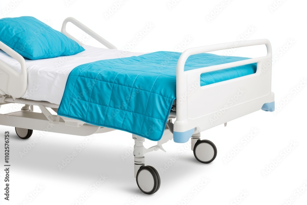 A hospital bed with a blue blanket and white sheets A hospital bed with a blue blanket and white sheets