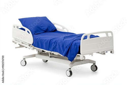 A hospital bed with a blue sheet and a white sheet photo