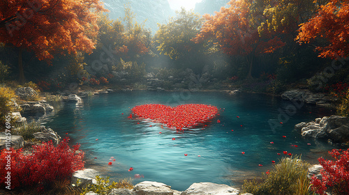 Heart-shaped flower arrangement in a tranquil blue pond surrounded by vibrant autumn foliage. Generative AI