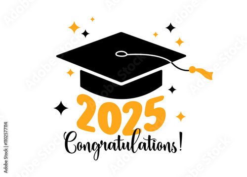 Graduation 2025 Congratulations text greeting card. Vector flat illustration. Black color square academic cap and golden class of 2025 numbers on white background