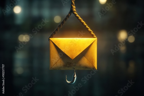 Phishing Awareness A conceptual image of a fishing hook disguised as an email icon, warning viewers about the dangers of falling for phishing scams and fraudulent emails  photo