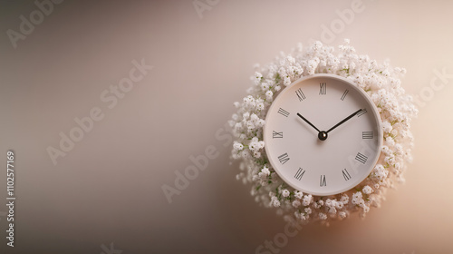 Unmarked wall clock surrounded by delicate flowers offering a serene ambiance and timeless elegance photo