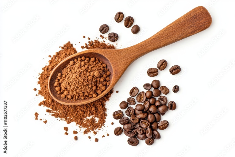Pile powder instant coffee and beans in wooden spoon isolated on white, top view Pile powder instant coffee and beans in wooden spoon isolated on white, top view