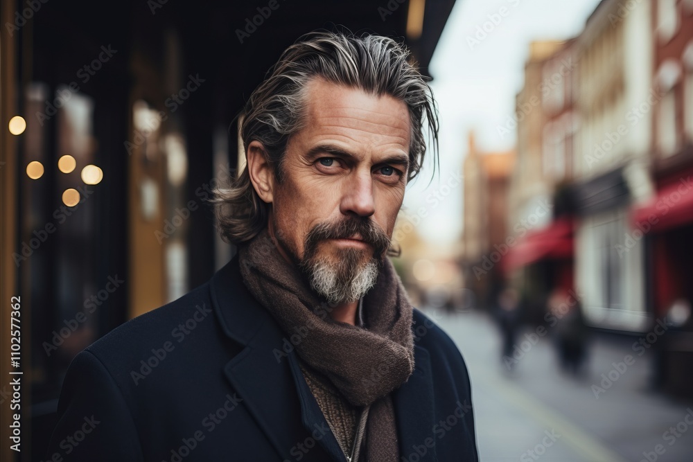 Handsome middle-aged man with gray hair and beard in a black coat on the street. Handsome middle-aged man with gray hair and beard in a black coat on the street.