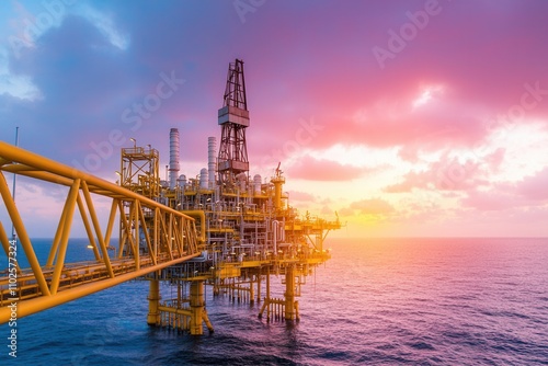 Petroleum and fuel consumption, Sunset silhouette of an offshore oil platform, vibrant colors and dramatic lighting, energy extraction theme photo