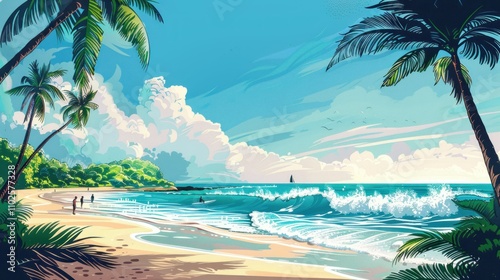 Idyllic tropical beach scene with palm trees, turquoise ocean, and people enjoying the sunny day.