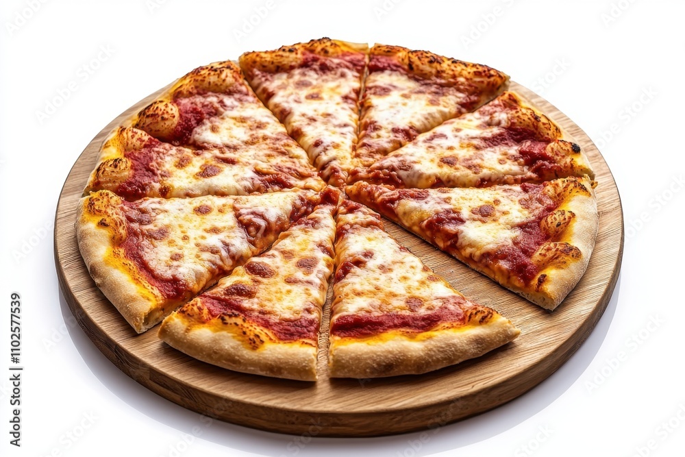 Pizza with cheese on top, cut into slices on a wooden board with an isolated white background, png Pizza with cheese on top, cut into slices on a wooden board with an isolated white background, png