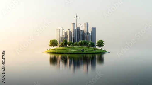 A futuristic city powered by renewable energy, featuring solar panels, wind turbines, and electric vehicles. The skyline is filled with eco-friendly architecture, and pedestrians are enjoying 