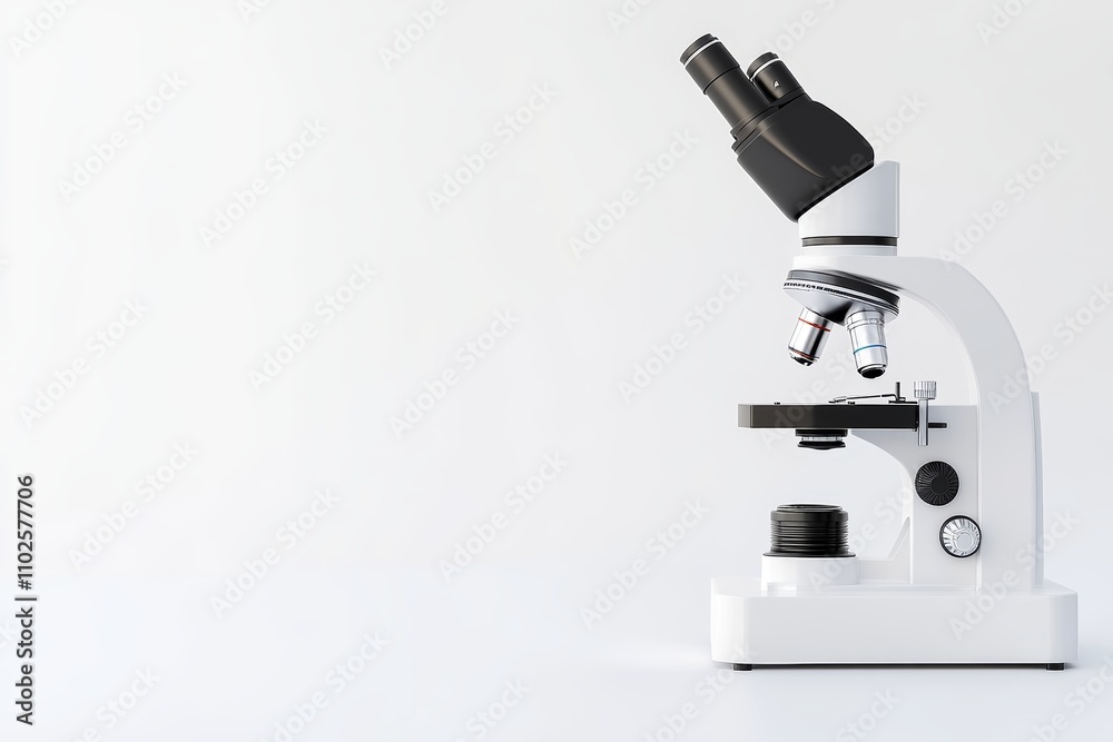 A microscope is on a white background A microscope is on a white background
