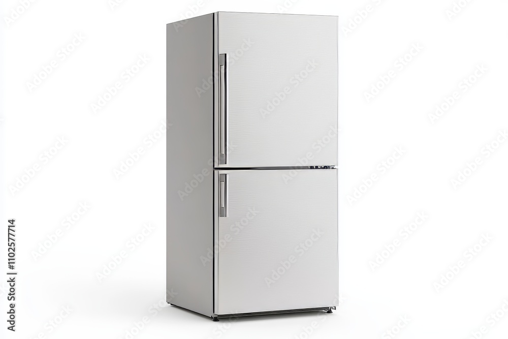 A silver refrigerator is sitting on a white background A silver refrigerator is sitting on a white background