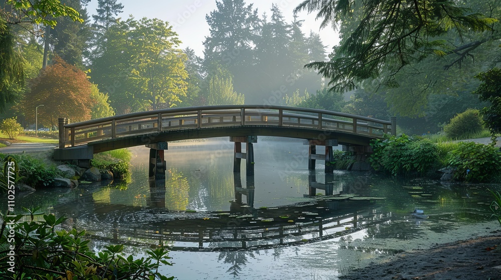 Serene Wooden Bridge Spanning a Misty Pond in a Lush Garden Serene Wooden Bridge Spanning a Misty Pond in a Lush Garden