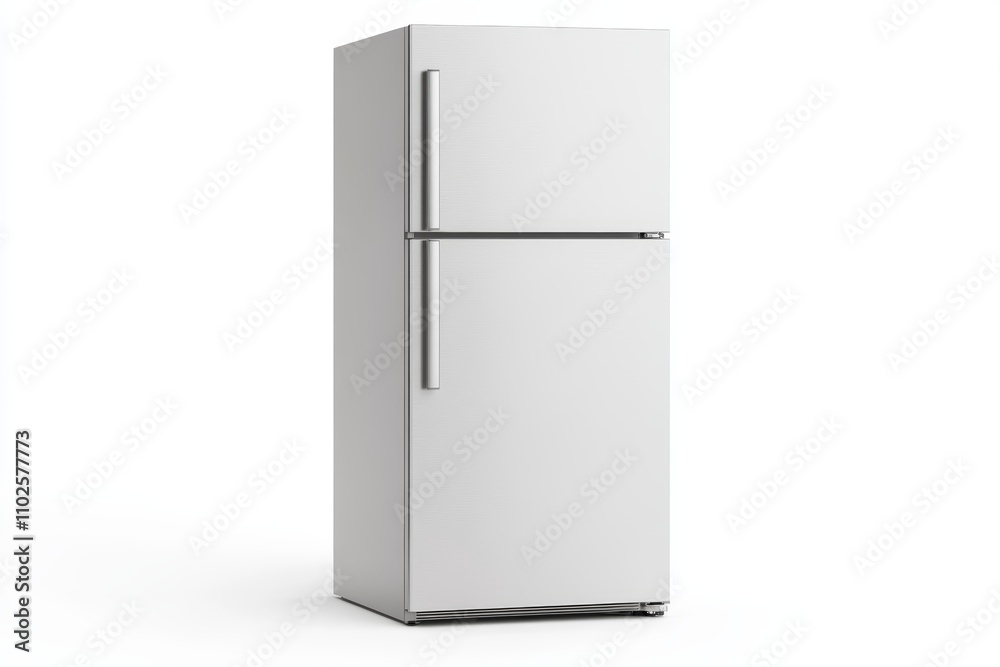 A silver refrigerator is standing on a white background A silver refrigerator is standing on a white background