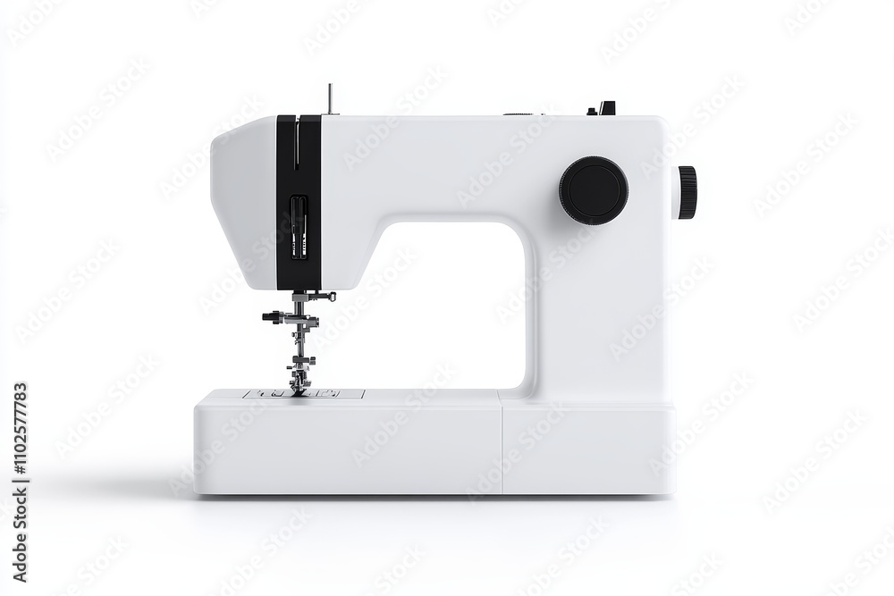 A white sewing machine with a black button A white sewing machine with a black button