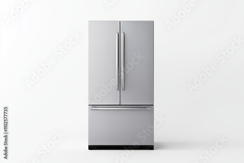 A silver refrigerator with a silver handle