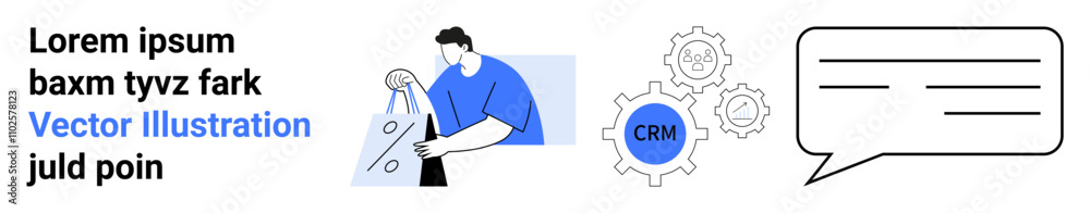 Business professional analyses data, CRM gear icons for customer relationship management. Speech bubble symbolizes communication. Ideal for business strategies, CRM systems, data management, customer Business professional analyses data, CRM gear icons for customer relationship management. Speech bubble symbolizes communication. Ideal for business strategies, CRM systems, data management, customer