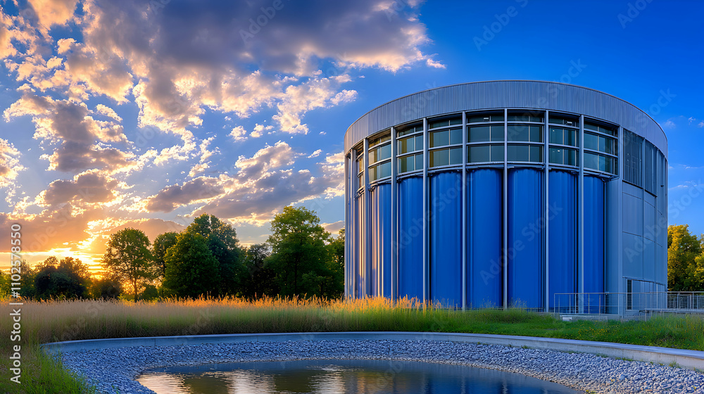Fototapeta premium Sunset over Modern Industrial Building with Pond