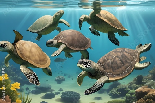 turtles glide through clear water with a backdrop of sunlight all around them. AI generated photo