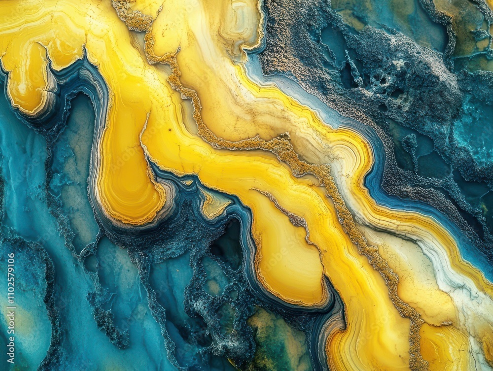 Abstract Detail of Flowing Colors in Vibrant Swirls of Blue and Yellow, Capturing Nature's Beautiful Patterns and Texture in Stone and Minerals Abstract Detail of Flowing Colors in Vibrant Swirls of Blue and Yellow, Capturing Nature's Beautiful Patterns and Texture in Stone and Minerals