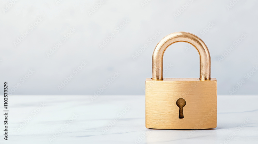 Fototapeta premium golden padlock with keyhole sits on marble surface, symbolizing security and protection. Its sleek design adds modern touch to any setting