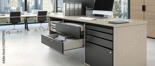 Modern office desk with drawers and computer in a professional workspace.