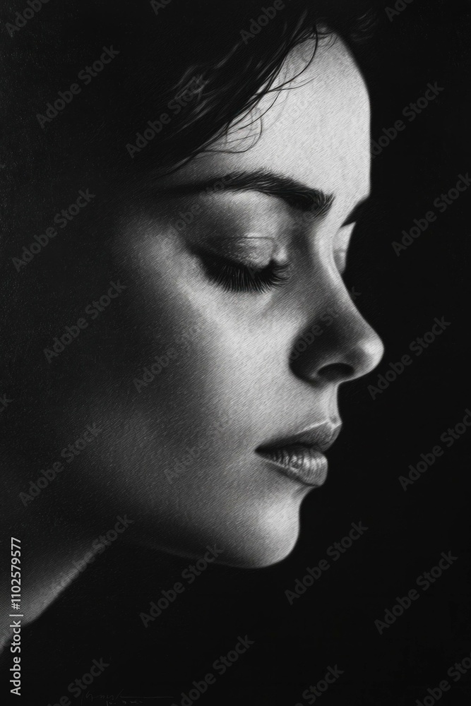 Profile portrait of a contemplative woman with closed eyes, showcasing serene beauty and elegance against a dark background. Monochrome tones emphasize expression. Profile portrait of a contemplative woman with closed eyes, showcasing serene beauty and elegance against a dark background. Monochrome tones emphasize expression.