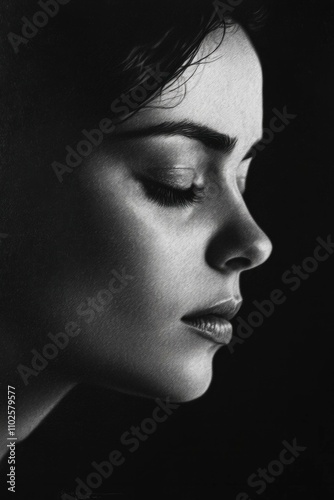 Profile portrait of a contemplative woman with closed eyes, showcasing serene beauty and elegance against a dark background. Monochrome tones emphasize expression.