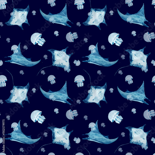 Manta ray and jellyfish watercolor seamless pattern on dark blue. High quality hand-drawn monochromatic illustration for notebooks, posters, wallpaper, textile, beach towel, wrapping paper, room decor photo