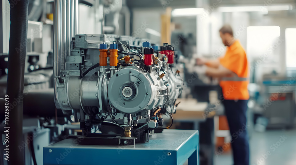 Fototapeta premium Industrial Engine, Manufacturing Facility Showcase, Detailed Machinery Components, Precise Assembly, High-Tech Production Line