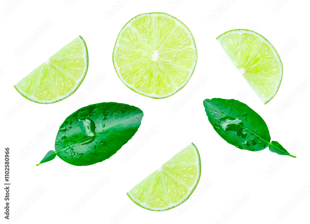 Top view set of fresh green lemon fruit in half and slices or quarters with green leaves isolated with clipping path in png file format Top view set of fresh green lemon fruit in half and slices or quarters with green leaves isolated with clipping path in png file format