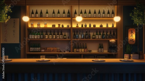 A traditional Japanese izakaya bar with shelves of sake bottles and small plates of food on the counter