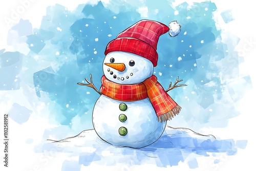 A cute snowman illustrated in clipart watercolor style, isolated against a transparent background.