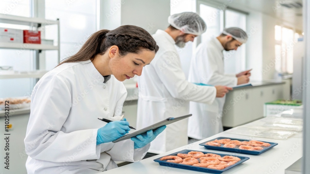 Obraz premium Scientists in white coats examining samples of labcultured shrimp meticulously documenting growth stages on digital tablets.