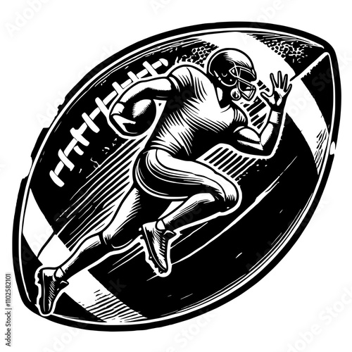 A dynamic illustration of an American football player sprinting with the ball, set against a textured football background. Depicts energy, motion, and competitive athleticism.