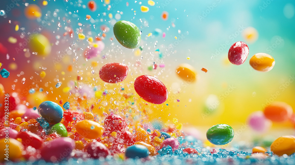 Colorful candies bursting in mid-air Colorful candies bursting in mid-air
