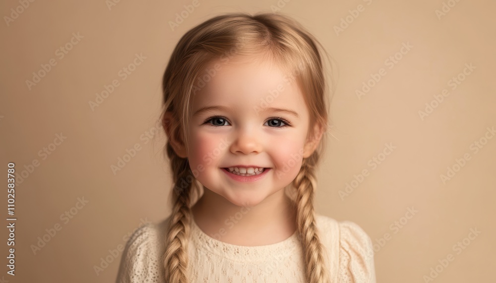 A young girl with a radiant smile, red hair, and freckles wears a warm polka-dot outfit against a brown background, creating an endearing portrait. A young girl with a radiant smile, red hair, and freckles wears a warm polka-dot outfit against a brown background, creating an endearing portrait.