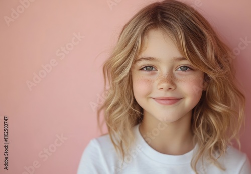 A young girl with blonde hair and blue eyes smiles warmly, standing against a soft pink background. Her joyful expression and the pastel setting create a cheerful and inviting portrait.