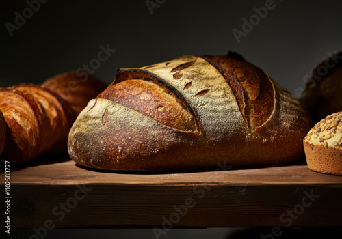 Fresh assortment of bread in a basket with rolls, baguettes, and loaves, showcasing various baked goods like buns, pastries, and wheat bread for a healthy breakfast or meal photo