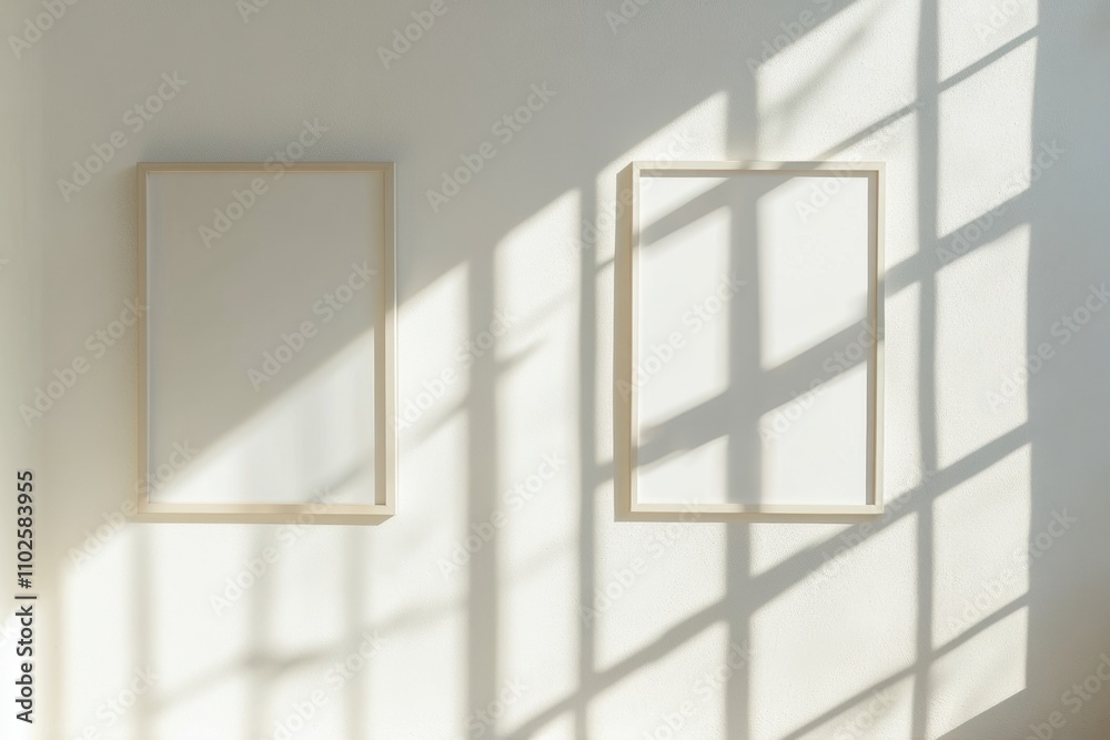 Two blank picture frames on a white wall with natural light from a window creating a shadow Two blank picture frames on a white wall with natural light from a window creating a shadow
