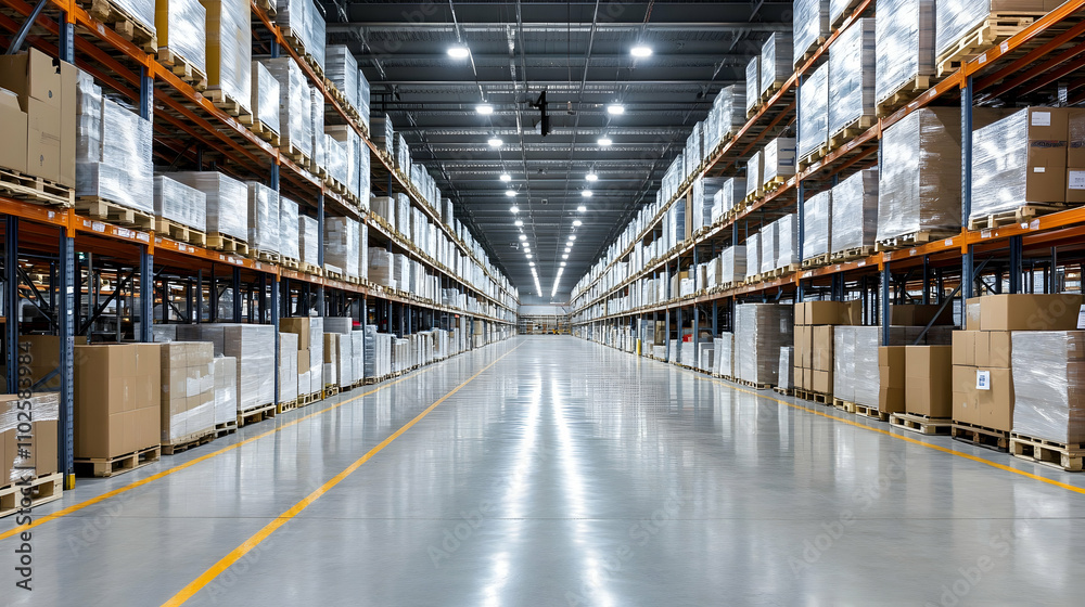 Vast Warehouse Interior, Rows of High-Bay Pallet Racks Filled with Cardboard Boxes, Illuminated by Bright Overhead Lights Vast Warehouse Interior, Rows of High-Bay Pallet Racks Filled with Cardboard Boxes, Illuminated by Bright Overhead Lights