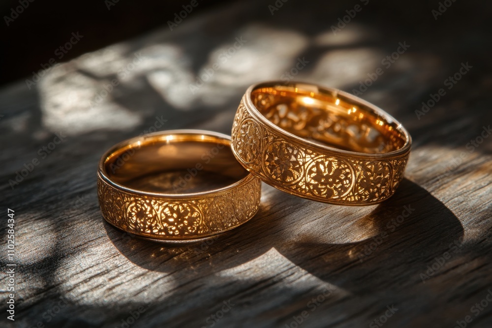Two golden wedding rings with intricate designs on a wooden surface, with soft lighting casting a warm glow Two golden wedding rings with intricate designs on a wooden surface, with soft lighting casting a warm glow