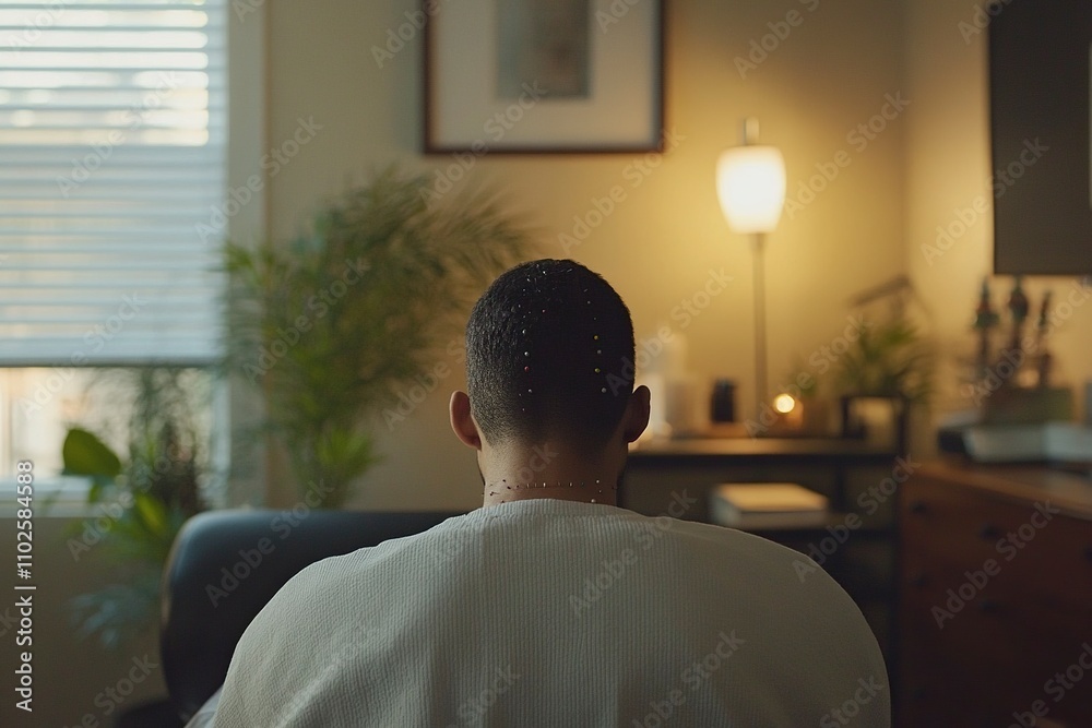 A person receiving an acupuncture treatment in a calm, quiet room, promoting relaxation and holistic healing A person receiving an acupuncture treatment in a calm, quiet room, promoting relaxation and holistic healing