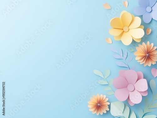 Pastel Paper Flowers on Light Blue Background - Spring Floral Design