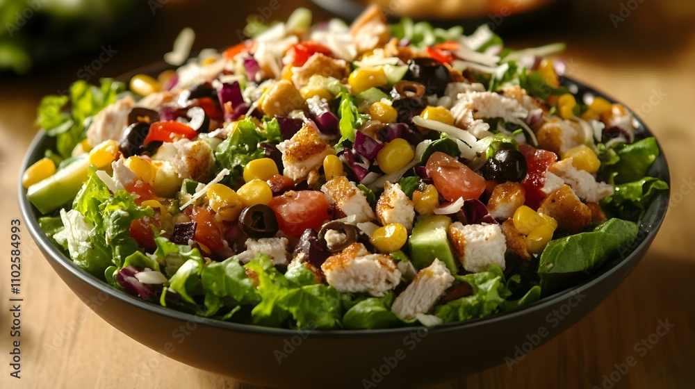 Chicken Salad, Healthy Lunch, Fresh Salad, Salad Bowl, Lettuce, Tomatoes, Corn, Olives, Chicken, Cheese, Healthy Eating Chicken Salad, Healthy Lunch, Fresh Salad, Salad Bowl, Lettuce, Tomatoes, Corn, Olives, Chicken, Cheese, Healthy Eating