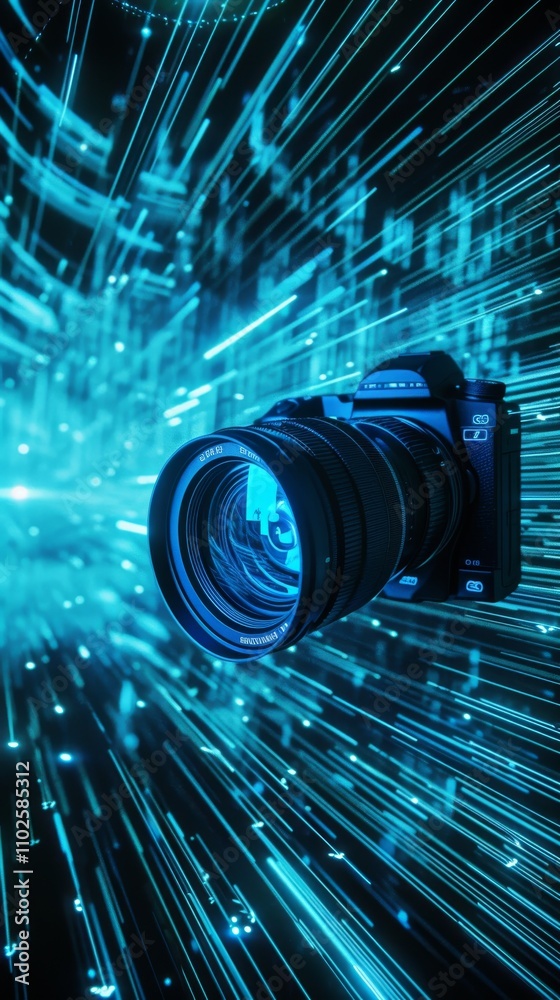 A digital camera is surrounded by streaming blue light effects, portraying the rapid advancement of photography technology and digital innovation, ideal for futuristic or tech-related concepts. AI